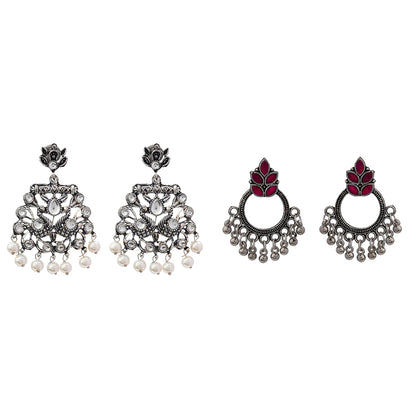 Peacock glow stone studded dangler earrings (White) Fine Shine stud earrings (Red) Combo set