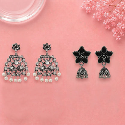 Peacock glow stone studded dangler earrings (White) Beauty Bloom ghunghroo jhumki earring (Black) Combo set