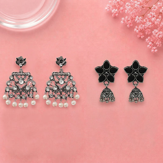 Peacock glow stone studded dangler earrings (White) Beauty Bloom ghunghroo jhumki earring (Black) Combo set