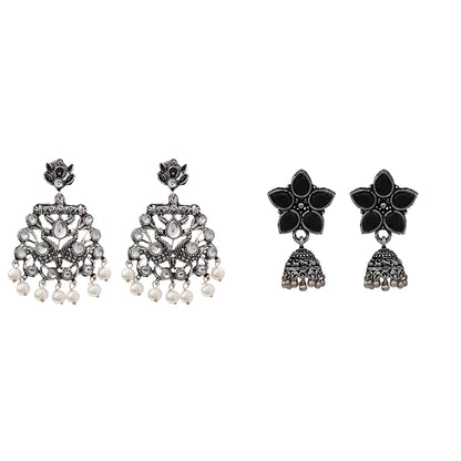Peacock glow stone studded dangler earrings (White) Beauty Bloom ghunghroo jhumki earring (Black) Combo set