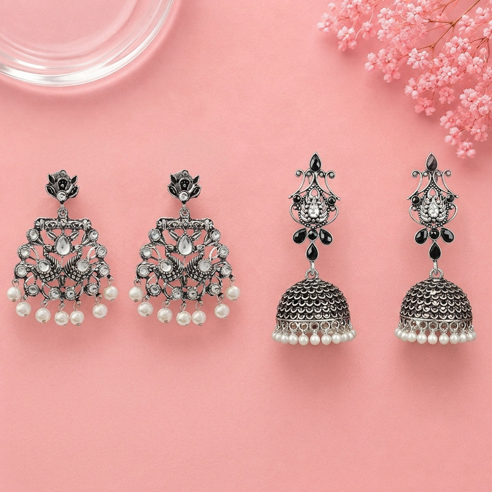 Peacock glow stone studded dangler earrings (White) Kalash Kamal earring (Black) Combo set