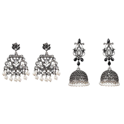 Peacock glow stone studded dangler earrings (White) Kalash Kamal earring (Black) Combo set