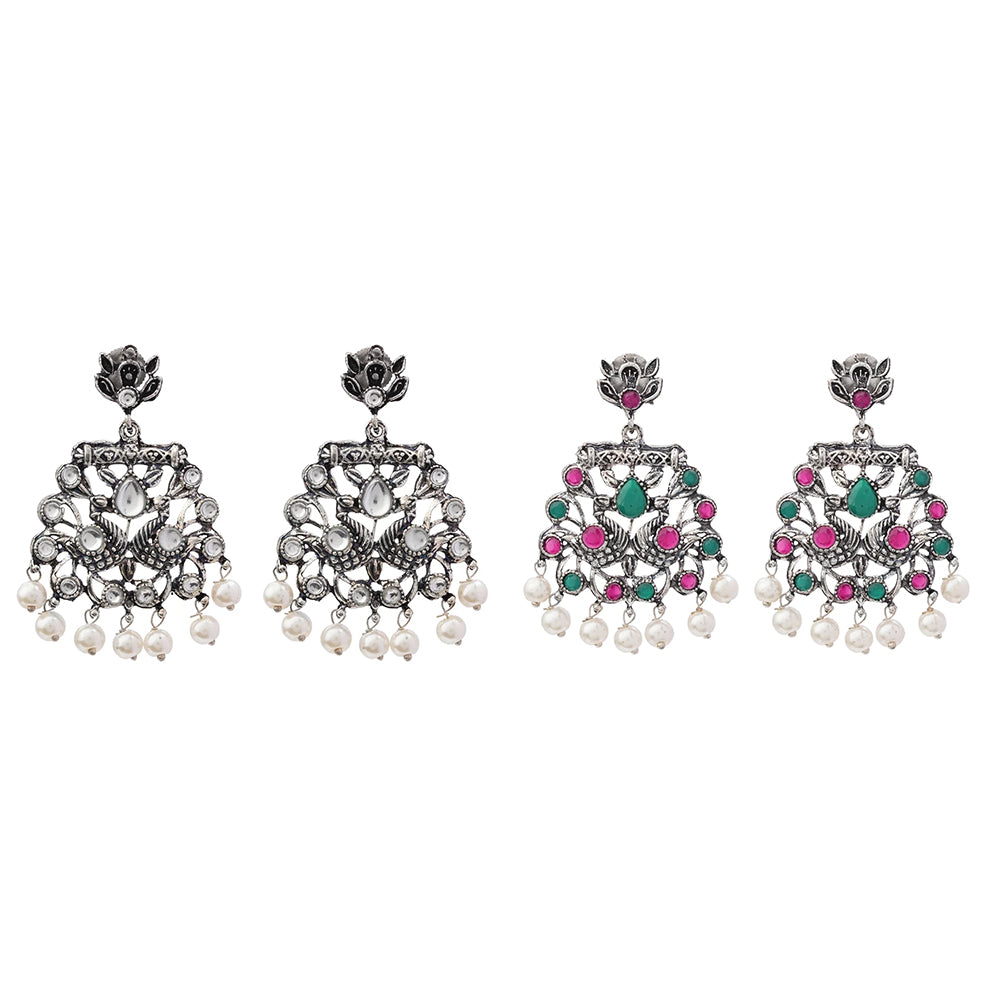 Peacock glow stone studded dangler earrings (White) Peacock glow stone studded dangler earrings (Multicolored) Combo set