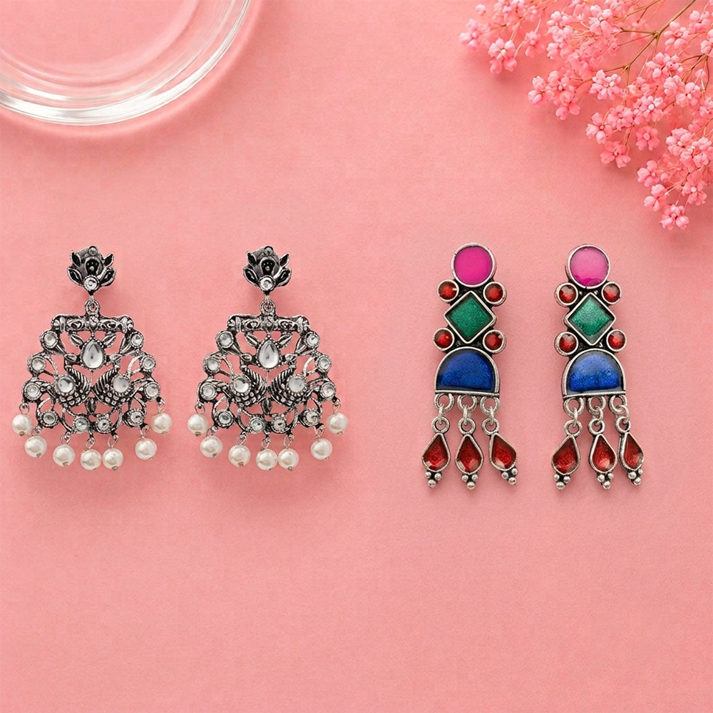 Peacock glow stone studded dangler earrings (White) Rainbow rhine dangler earrings (Multicolored) Combo set