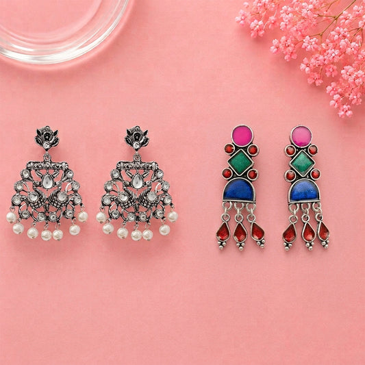Peacock glow stone studded dangler earrings (White) Rainbow rhine dangler earrings (Multicolored) Combo set