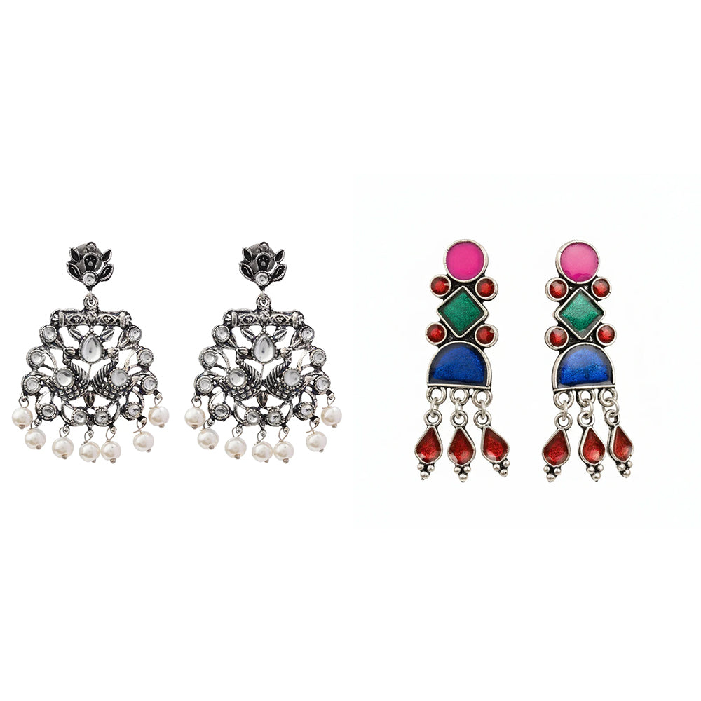 Peacock glow stone studded dangler earrings (White) Rainbow rhine dangler earrings (Multicolored) Combo set