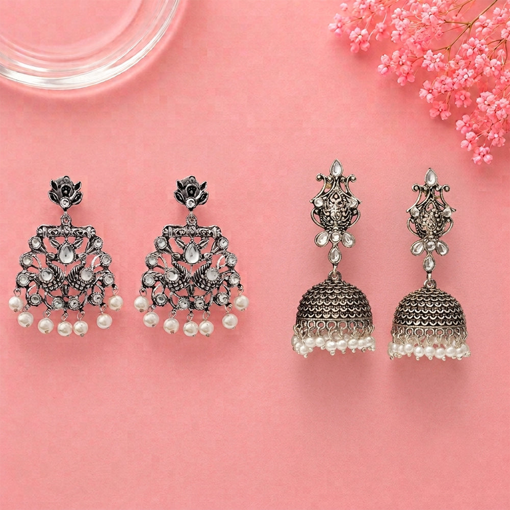 Peacock glow stone studded dangler earrings (White) Kalash Kamal earring (White) Combo set