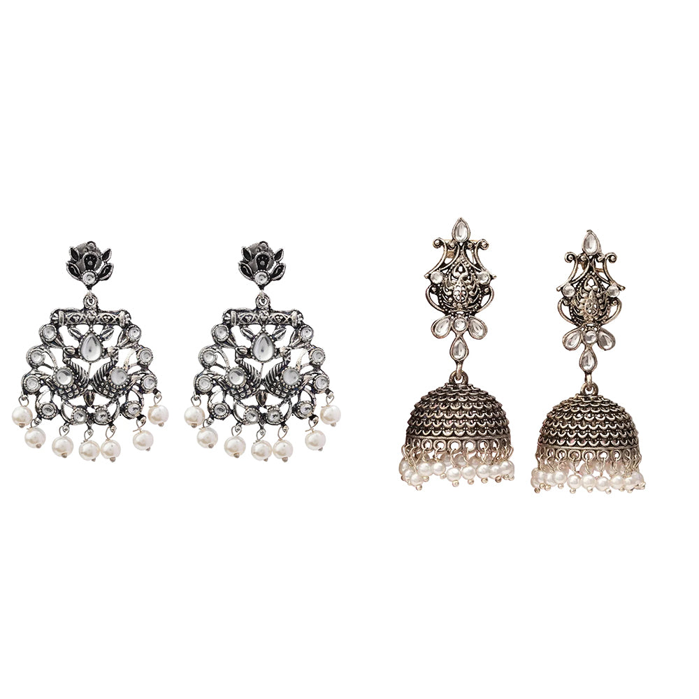 Peacock glow stone studded dangler earrings (White) Kalash Kamal earring (White) Combo set