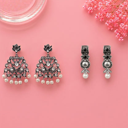 Peacock glow stone studded dangler earrings (White) Wonderful wildflower oxidised stud earrings (Black) Combo set