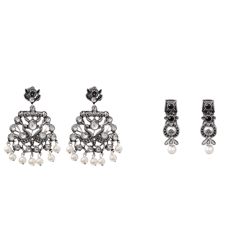 Peacock glow stone studded dangler earrings (White) Wonderful wildflower oxidised stud earrings (Black) Combo set