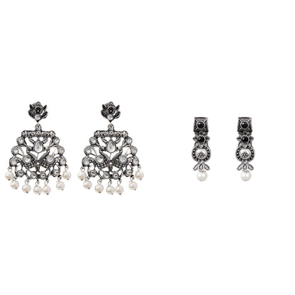 Peacock glow stone studded dangler earrings (White) Wonderful wildflower oxidised stud earrings (Black) Combo set