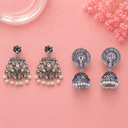 Peacock glow stone studded dangler earrings (White) Evergreen earrings (Baby Pink) Combo set
