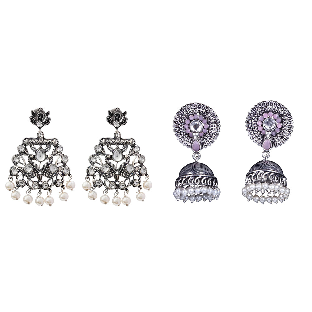 Peacock glow stone studded dangler earrings (White) Evergreen earrings (Baby Pink) Combo set