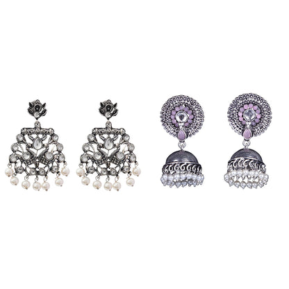 Peacock glow stone studded dangler earrings (White) Evergreen earrings (Baby Pink) Combo set