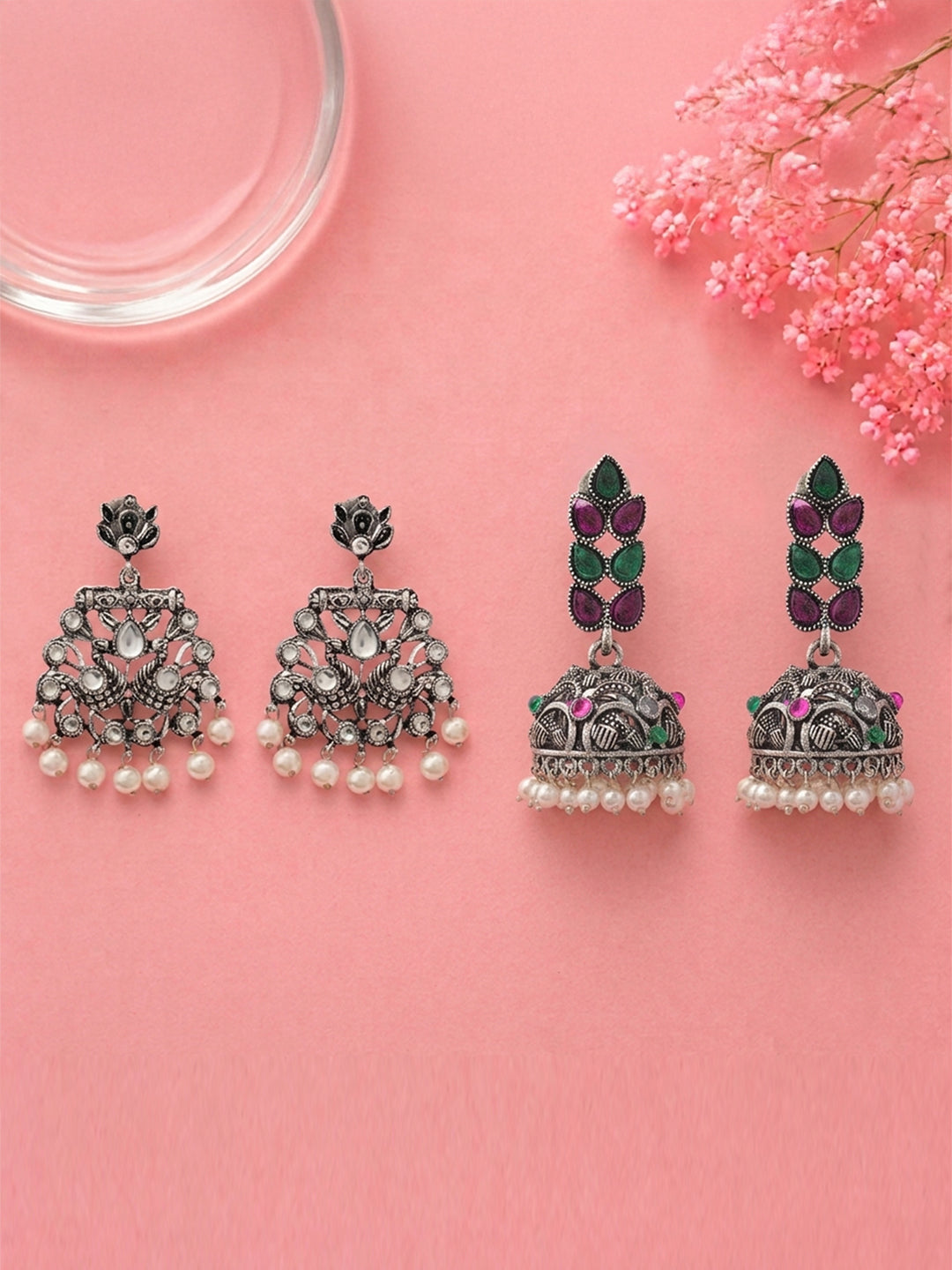 Peacock glow stone studded dangler earrings (White) Leaf Cascade jhumki earrings (Multicolored) Combo set