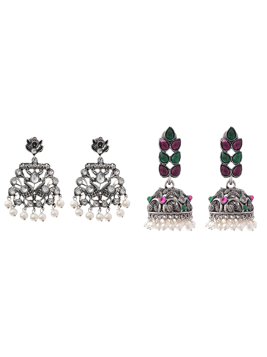 Peacock glow stone studded dangler earrings (White) Leaf Cascade jhumki earrings (Multicolored) Combo set