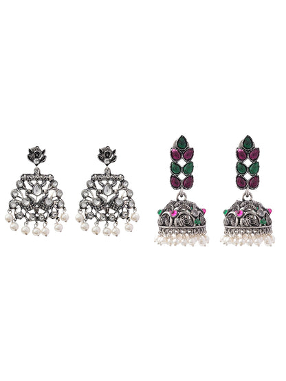 Peacock glow stone studded dangler earrings (White) Leaf Cascade jhumki earrings (Multicolored) Combo set