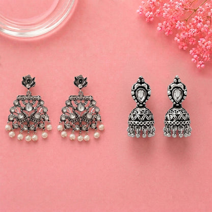 Peacock glow stone studded dangler earrings (White) Jharokha stone studded jhumki earring (White) Combo set
