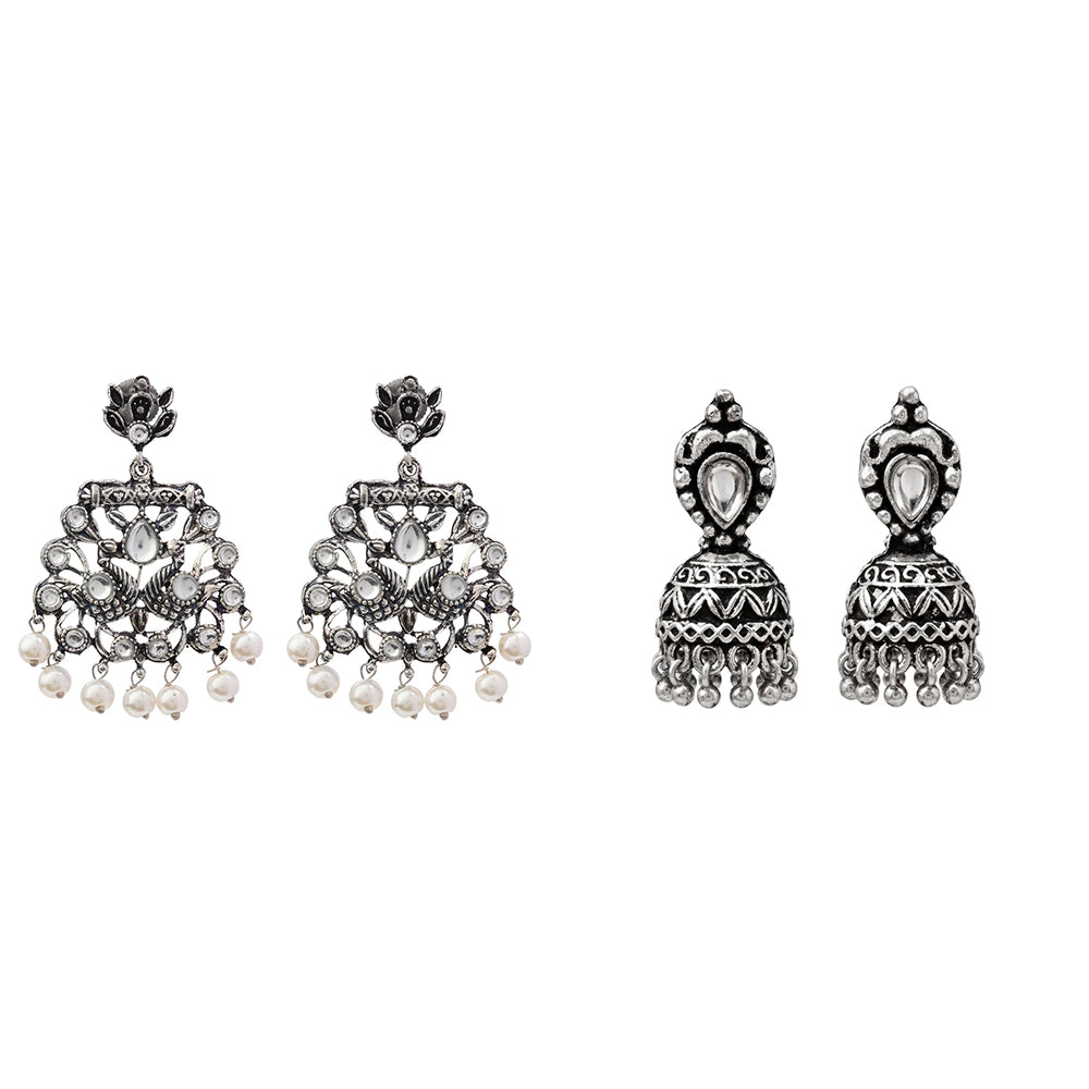 Peacock glow stone studded dangler earrings (White) Jharokha stone studded jhumki earring (White) Combo set