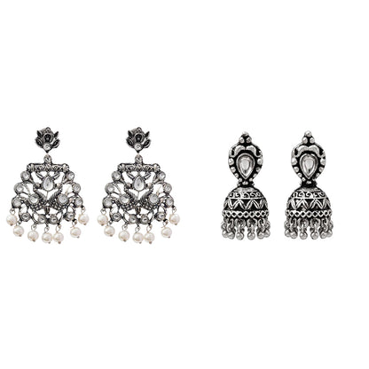 Peacock glow stone studded dangler earrings (White) Jharokha stone studded jhumki earring (White) Combo set