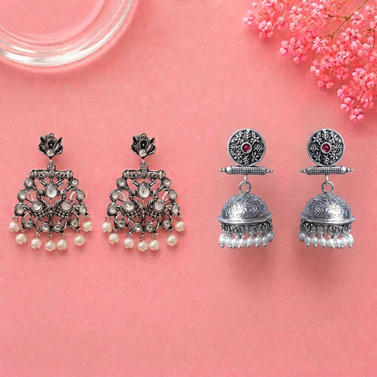 Peacock glow stone studded dangler earrings (White) Charmbell earrings (Red) Combo set