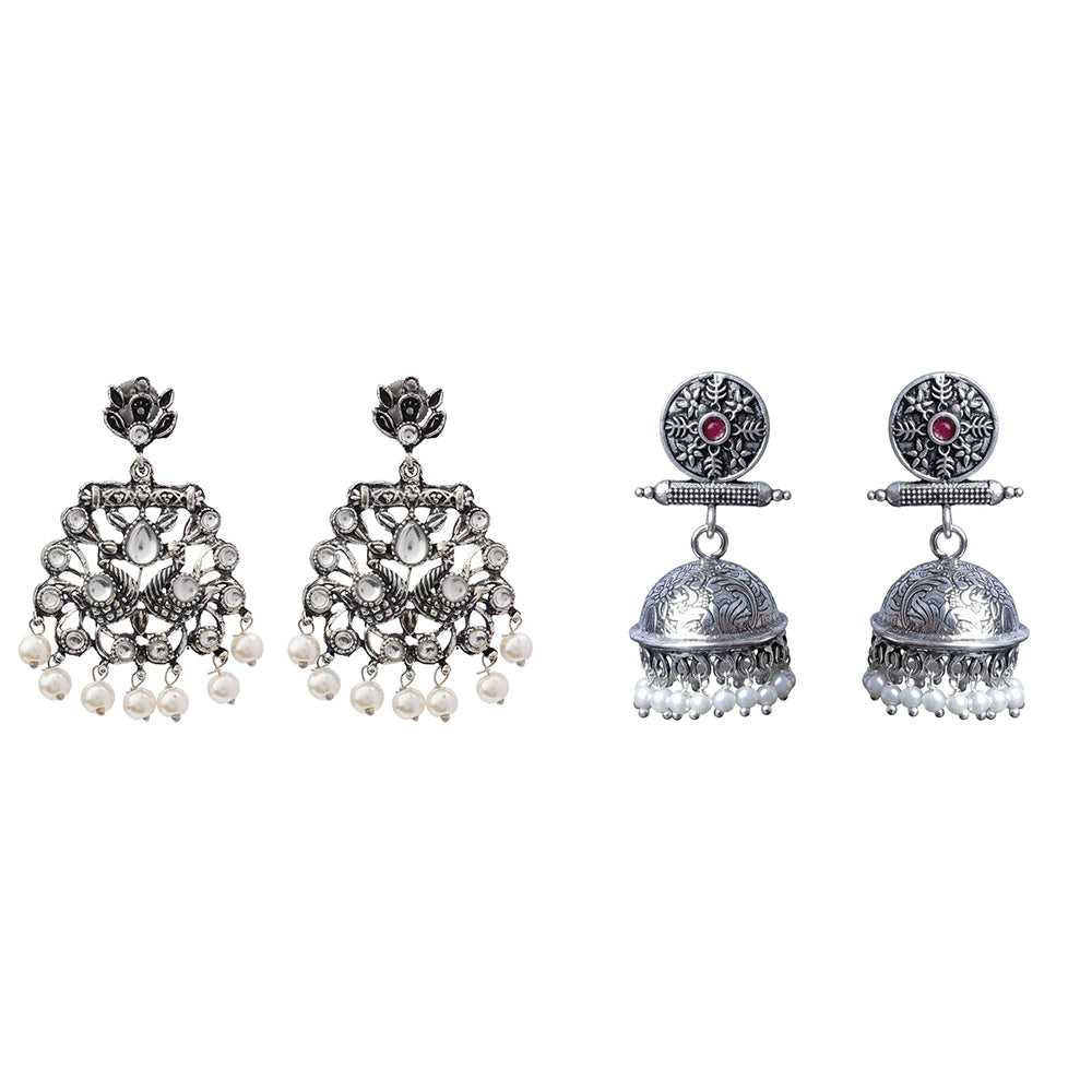 Peacock glow stone studded dangler earrings (White) Charmbell earrings (Red) Combo set
