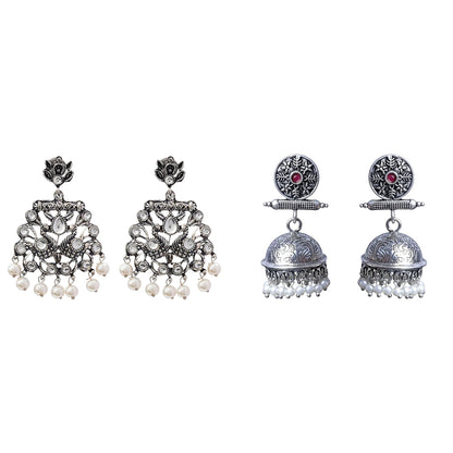 Peacock glow stone studded dangler earrings (White) Charmbell earrings (Red) Combo set