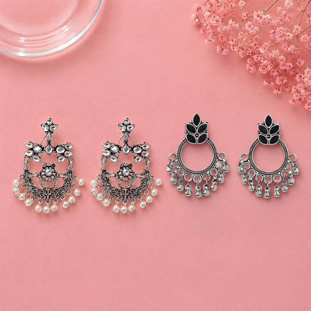 Peacock glow stone studded dangler earrings (White) Fine Shine stud earrings (Black) Combo set