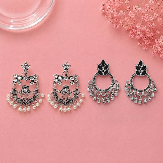 Peacock glow stone studded dangler earrings (White) Fine Shine stud earrings (Black) Combo set
