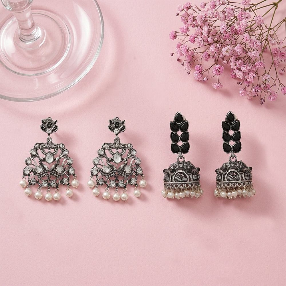 Peacock glow stone studded dangler earrings (White) Leaf Cascade jhumki earrings (Black) Combo set