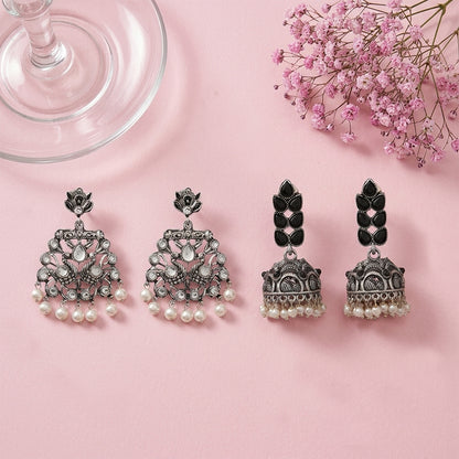 Peacock glow stone studded dangler earrings (White) Leaf Cascade jhumki earrings (Black) Combo set