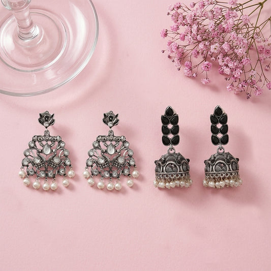 Peacock glow stone studded dangler earrings (White) Leaf Cascade jhumki earrings (Black) Combo set