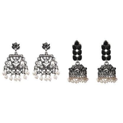 Peacock glow stone studded dangler earrings (White) Leaf Cascade jhumki earrings (Black) Combo set