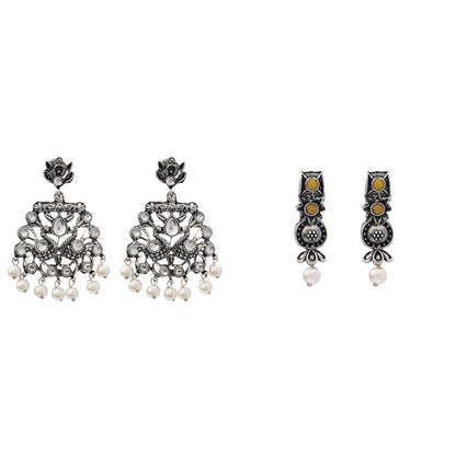 Peacock glow stone studded dangler earrings (White) Wonderful wildflower oxidised stud earrings (Yellow) Combo set