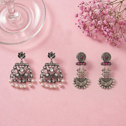 Peacock glow stone studded dangler earrings (White) Enchanted Swing dangler earring (Red) Combo set