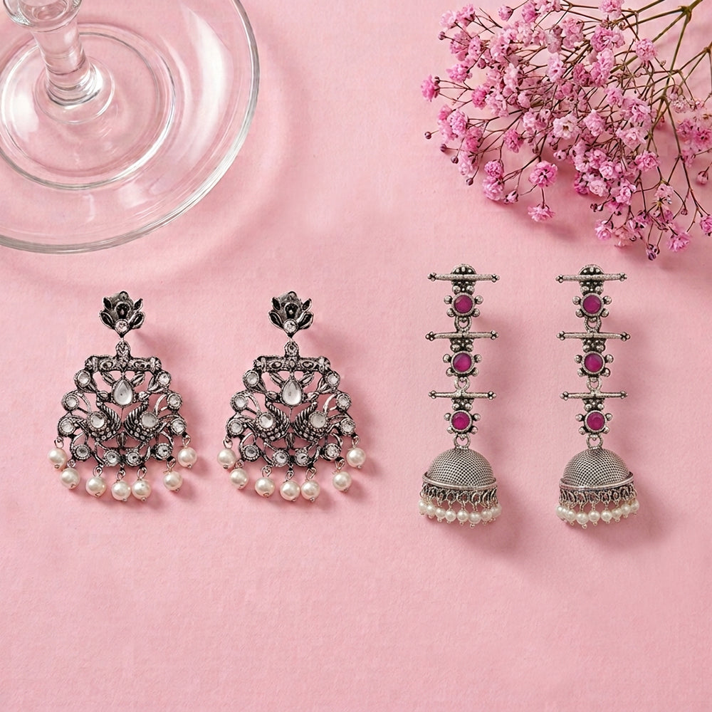 Peacock glow stone studded dangler earrings (White) Royal Triple Bell Layered Jhumka Earring (Red) Combo set