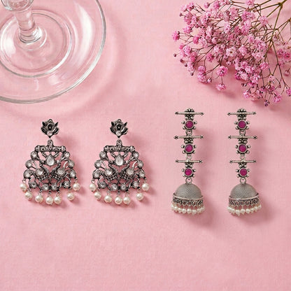 Peacock glow stone studded dangler earrings (White) Royal Triple Bell Layered Jhumka Earring (Red) Combo set