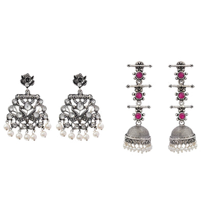Peacock glow stone studded dangler earrings (White) Royal Triple Bell Layered Jhumka Earring (Red) Combo set