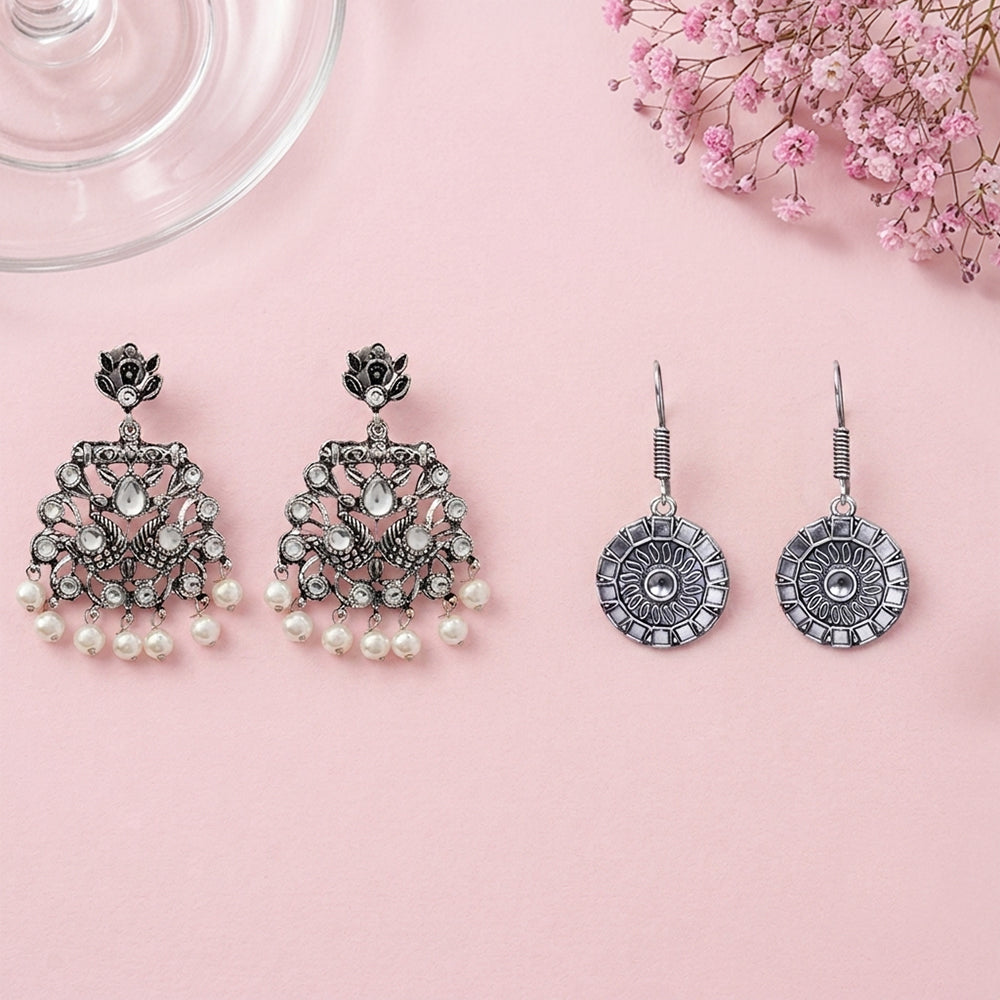 Peacock glow stone studded dangler & Sunrise Shaped Silver Polished Dangler set