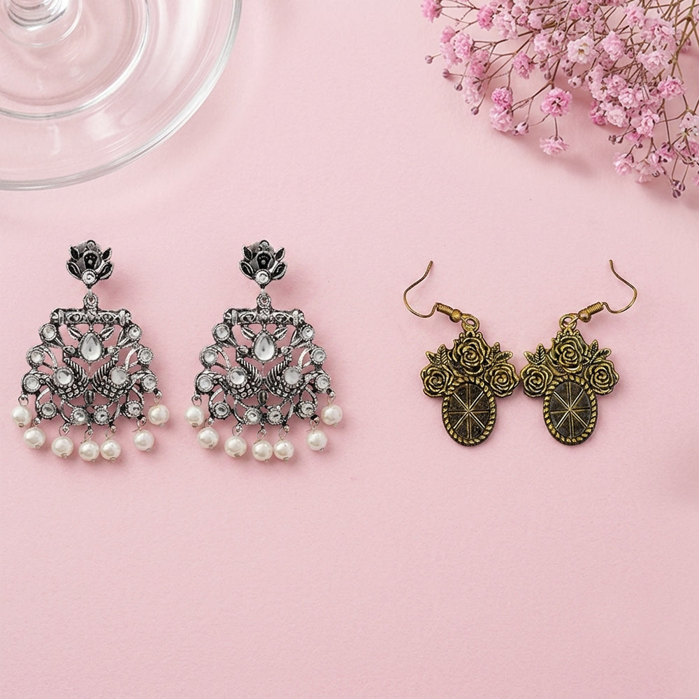 Peacock glow stone studded dangler & Vintage Oval Flower Shaped Danglers set
