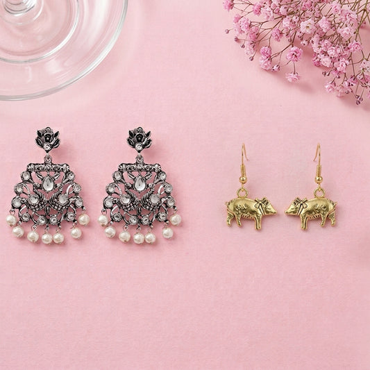 Peacock glow stone studded dangler earrings & piggy dangler earrings Combo set