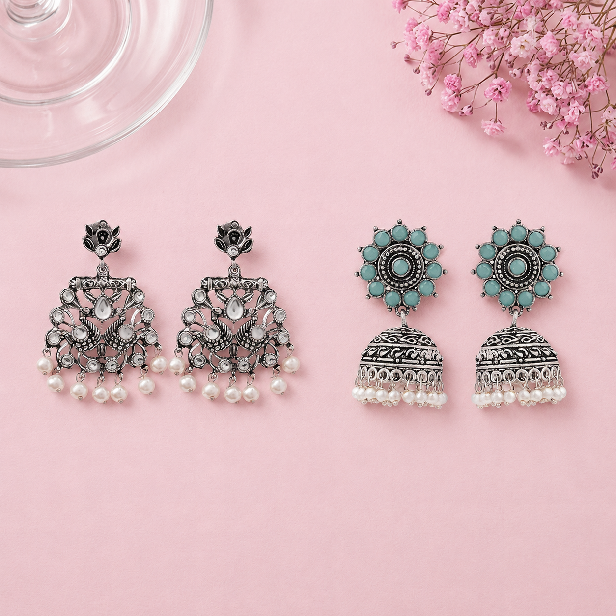 Peacock glow stone studded dangler & Phoolon ki baali pearl jhumki Combo set