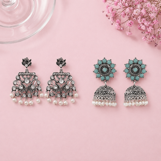 Peacock glow stone studded dangler & Phoolon ki baali pearl jhumki Combo set