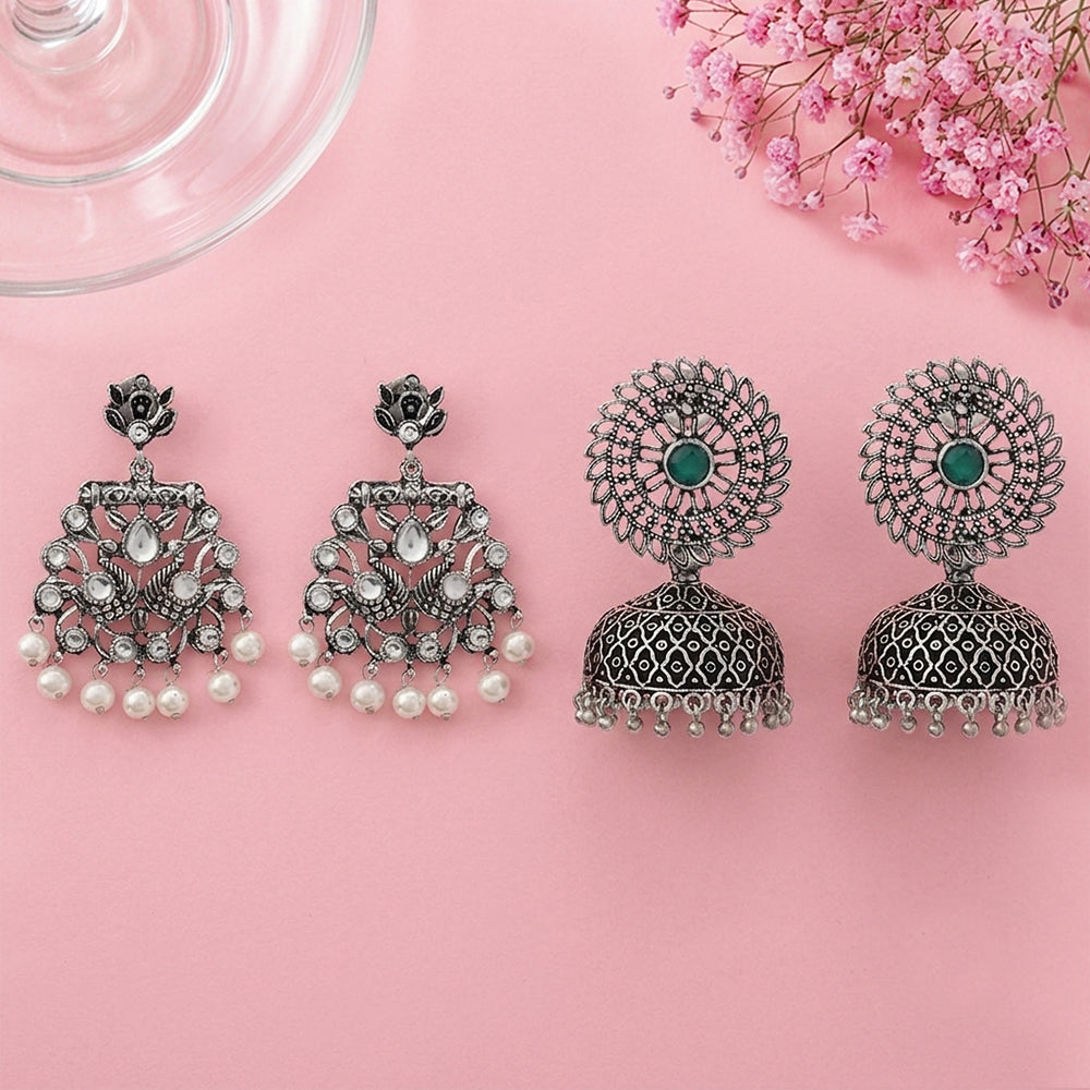 Peacock glow stone studded dangler earrings & Jhilmil jhumki earring Combo set