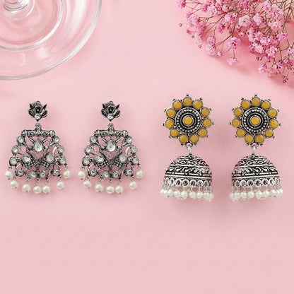 Peacock glow stone studded dangler & Phoolon ki baali pearl jhumki Combo set