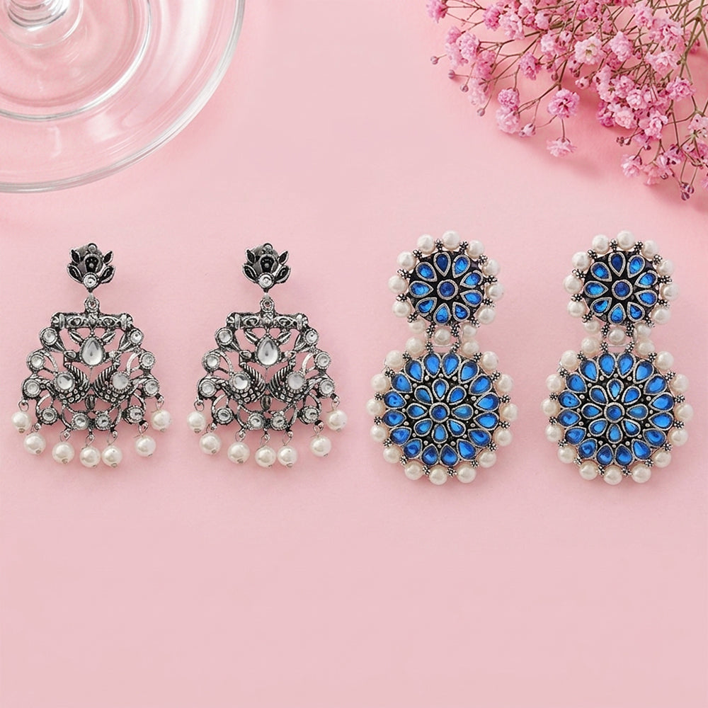 Peacock glow stone studded dangler & Double boho floral dangler Combo set