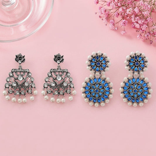 Peacock glow stone studded dangler & Double boho floral dangler Combo set
