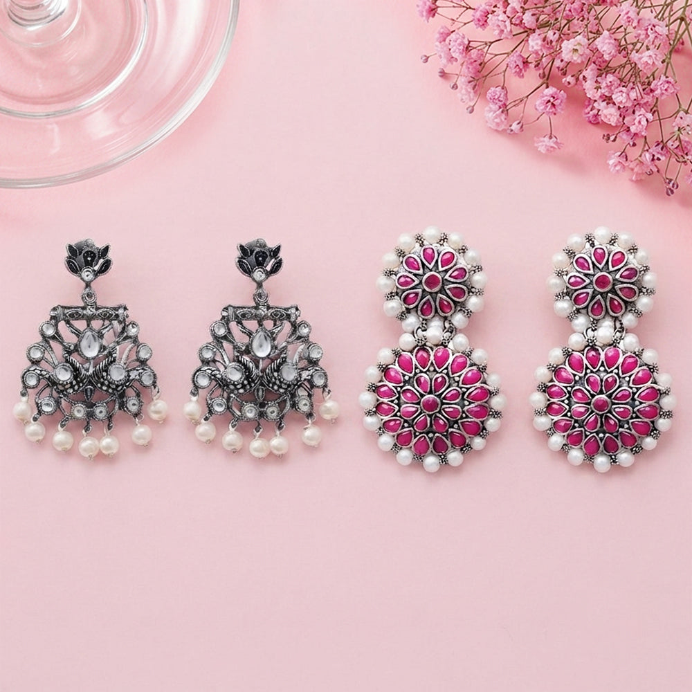 Peacock glow stone studded dangler & Double boho floral dangler Combo set