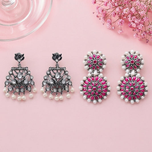 Peacock glow stone studded dangler & Double boho floral dangler Combo set