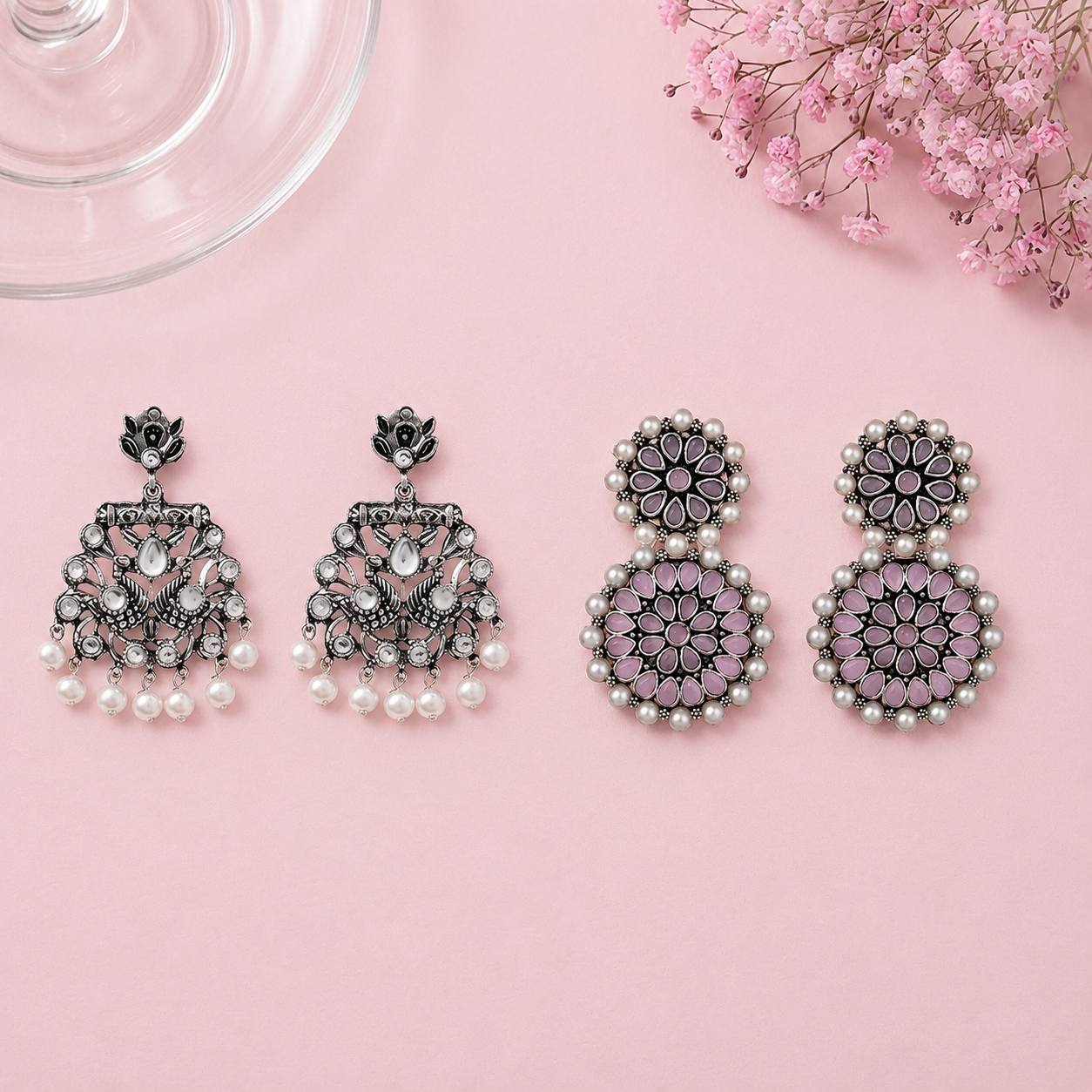Peacock glow stone studded dangler & Double boho floral dangler Combo set